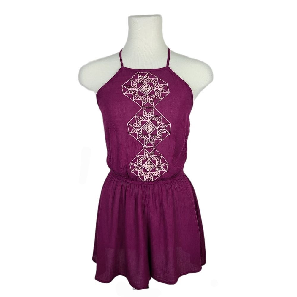 Burgundy Geometric Aztec Print Embroidered Keyhole Back Romper Small